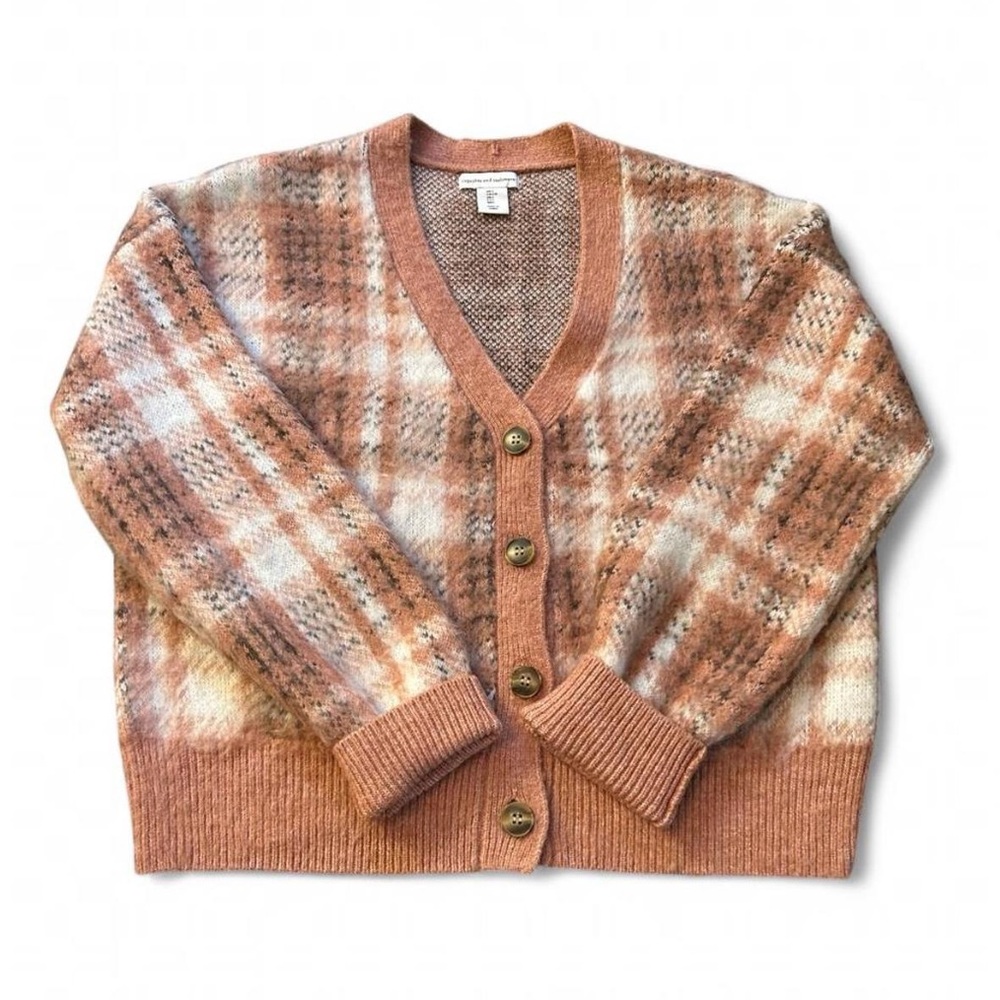 Cupcakes & Cashmere Fuzzy Plaid Knit Cardigan L Aprés Sweater Earthy Soft Girl